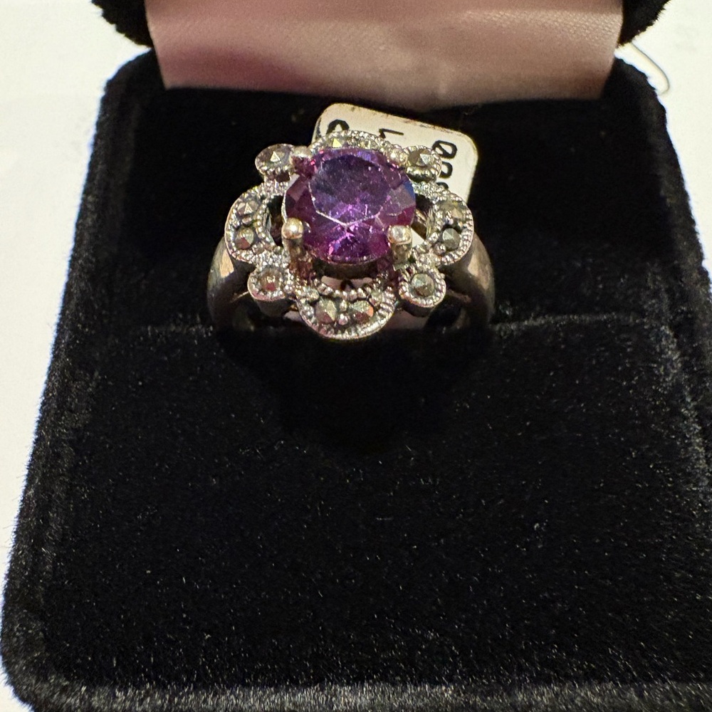 Amethyst and Marcasite Ring Sterling Silver 925 in Art Deco Style Setting. Sz6